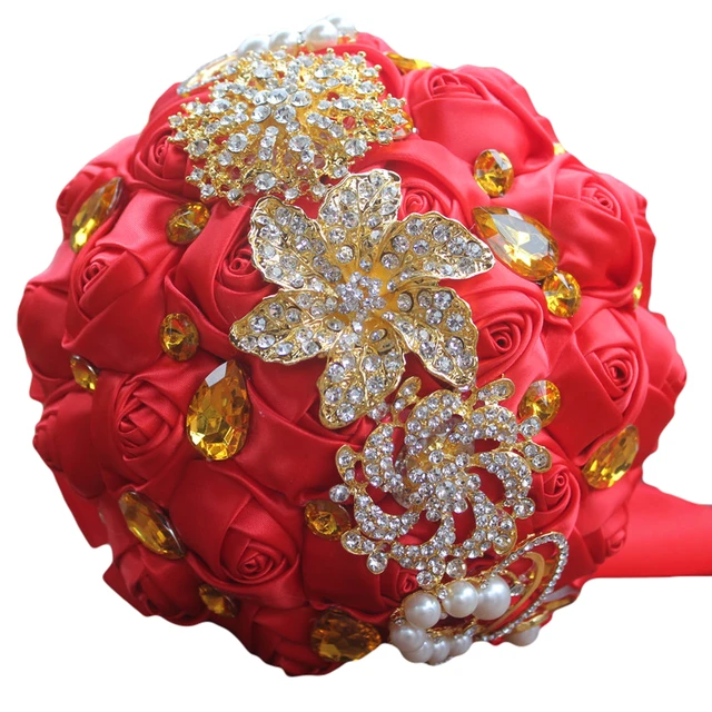 golden brooch bouquets red rose artificial flowers bride holding
