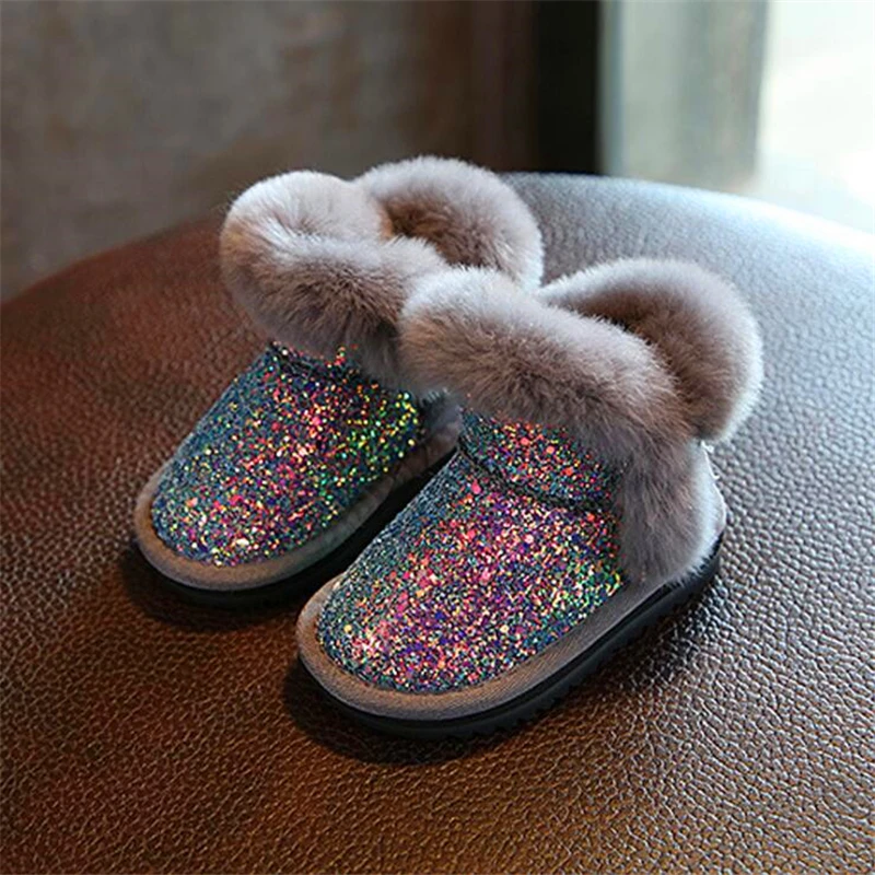 Модные яркие блестящие зимние сапоги для девочек, зимние сапоги для девочек, зимняя обувь, модельные туфли с мехом, детская обувь для девочек, европейские размеры 21-37