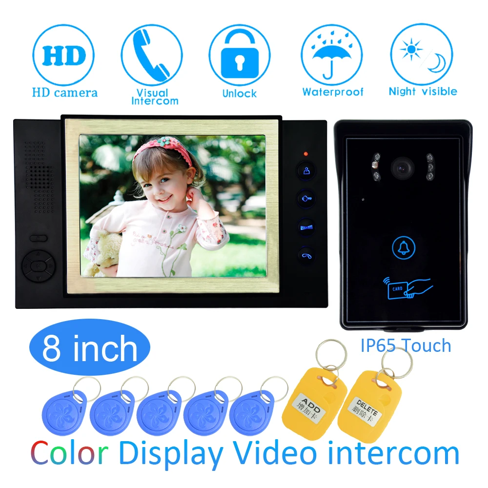 8'' Color LCD Video Door Phone House Garden improvement Device Wire Doorbell Door Release Card Unlock Night Vision IR HD Camera