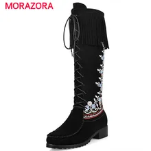 MORAZORA/Новинка; сапоги до колена в китайском стиле; весенне-осенние женские сапоги с цветочной вышивкой; замшевые сапоги на среднем каблуке на молнии