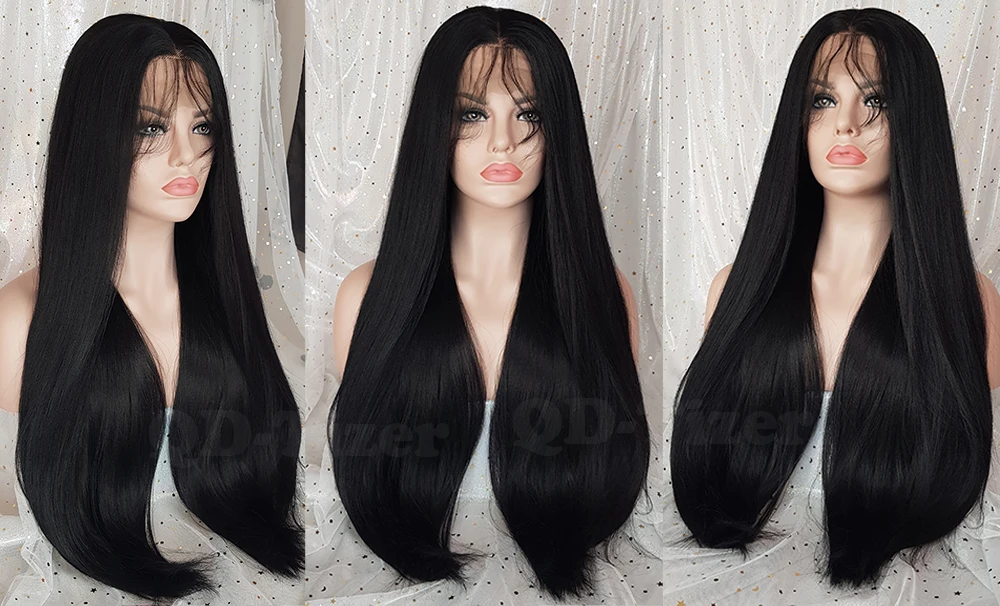 QD-Tizer Long Yaki Hair Black Color Straight Synthetic Lace Front Wigs with Baby Hair Light Yaki Hair Wigs for Women8