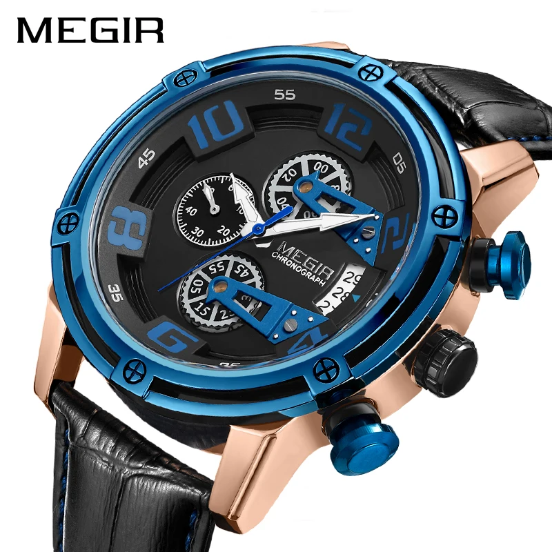 

Sport Watch Men MEGIR Chronograph Leather Strap Creative Quartz Watches Clock Men Military Wristwatch Reloj Hombre Montre Homme