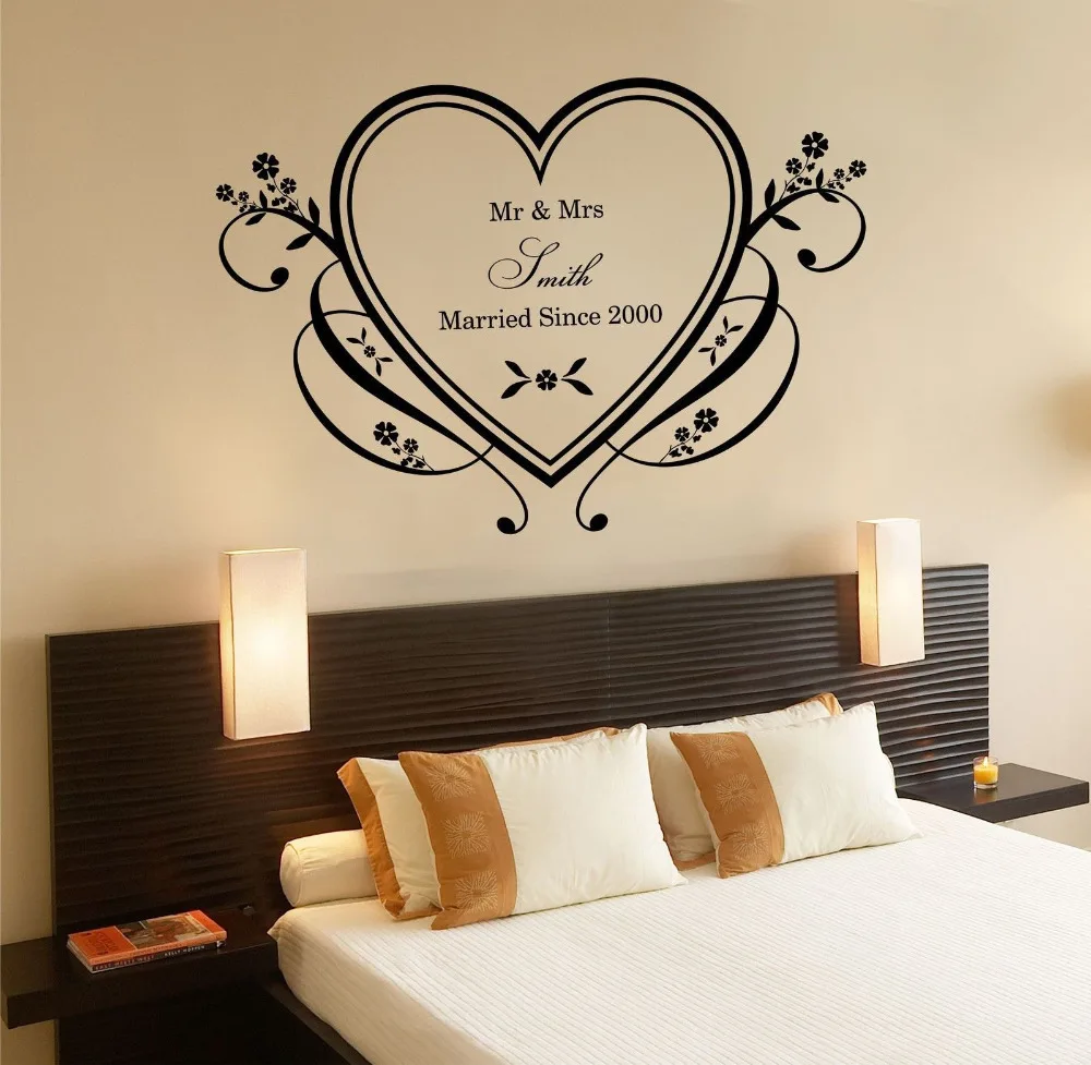 Us 7 99 Customer Made Romance Love Heart Personalized Mr Mrs Family Name Headboard Wedding Decoration You Choose Name And Color In Wall Stickers