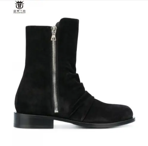 Fr.Lancelot Pleated Luxury Suede 3 Colors Men Boots Ankle Short Booties Low Heel Square Heel Shoes Men Trainers Chelsea Zip