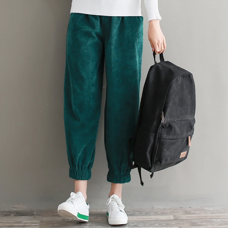 

Female Loose Trousers Spring Autumn Women Elastic Waist Corduroy Harem Pants Vintage Bloomers Pants Green,Brown