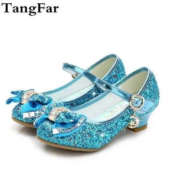 

2018 Fall New Girls High Heels Sequins Bow Decoration Children's Dance Shoes PU Leather Kids Dress Sneaker