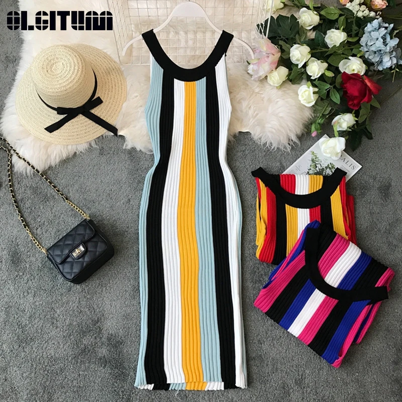 

Vintage 2019 Stretch Striped Knitted Women Dress Summer Beach Style Sleeveless High Waist Bodycon Dresses Knitted Vestido Mujer