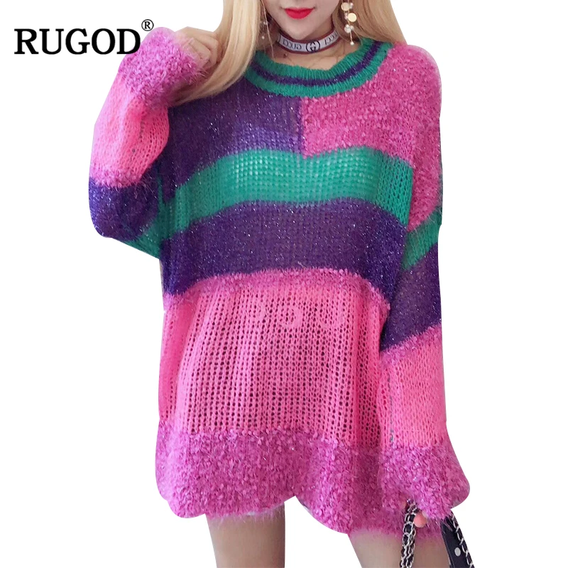 RUGOD Rainbow Sweater Pullovers Women 2018 Autumn Howllow Out Color Block Knitted Sweater Tassel 