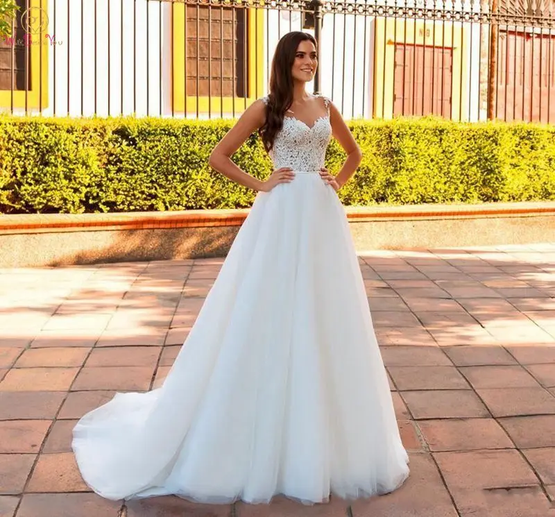 

Wedding Dress 2019 Beach Soft Tulle Lace A-line Ivory Jewel Neck Covered Buttons Sweep Train Sleeveless Appliques Bridal Gown