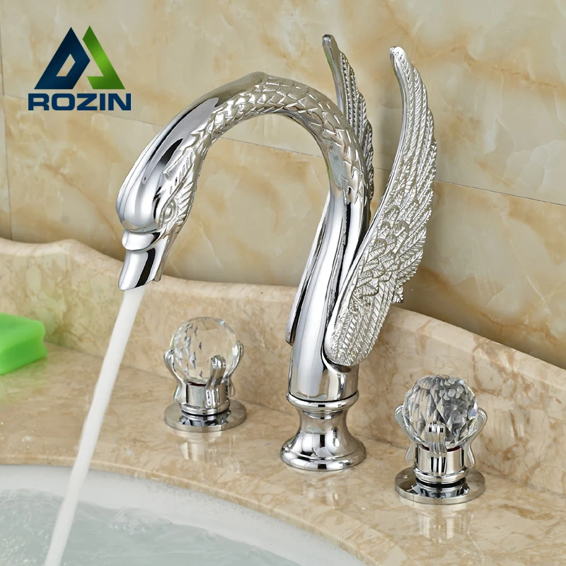 

High-end Deck Mount Swan Style Dual Handles Bathroom Basin Sink Faucet Chrome Finish