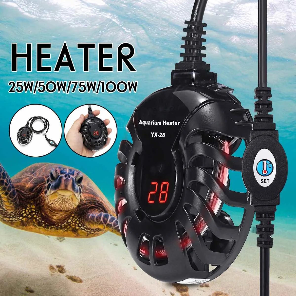 

25/50/75/100W LED Aquarium Heater Digital Electric Heating Rods Submersible Fish Turtle Tank Water Heater Thermostat Gauge