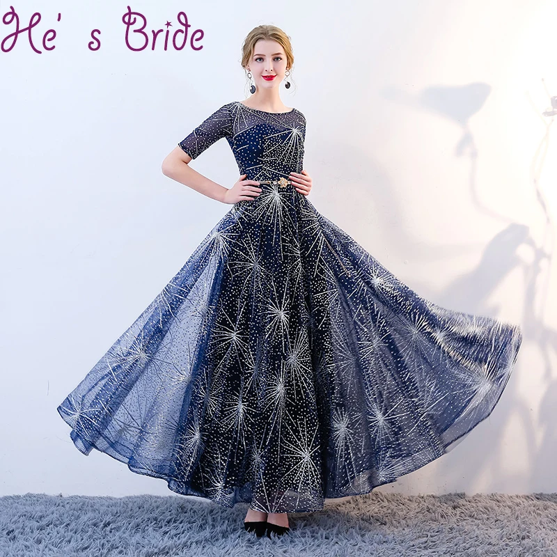 

Evening Dress Sheer Scoop Neck Half Sleeves Lace Up Back A Line Floor Length Tulle Lace Sequines Sashes Party Prom Dress