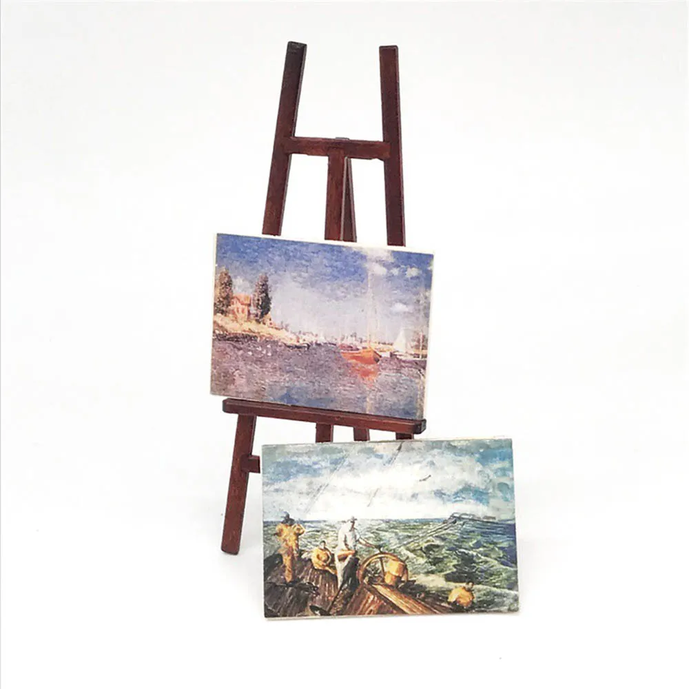 

1/12 Dollhouse Miniature Accessories Mini Wooden Easel Oil Painting Set Simulation Frame Toy Furniture for Doll House Decor