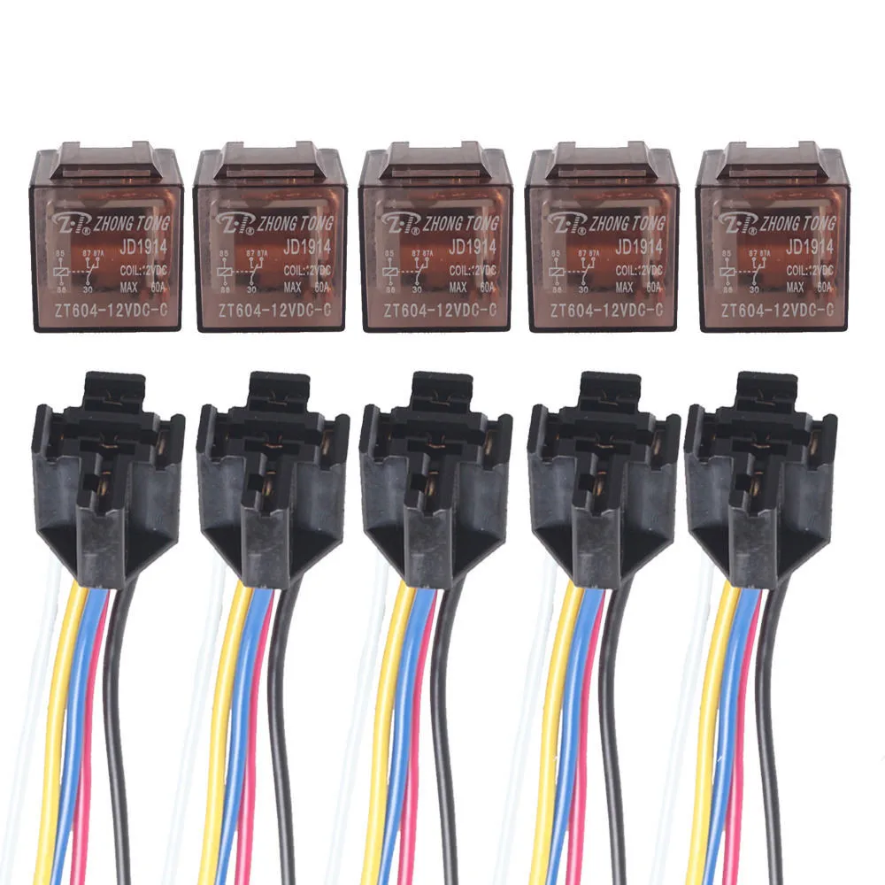 

EE support 5 Pcs 12V 60A 60 AMP SPDT Relay 5 Pin 5P & Socket 5 Wire Truck Auto Car Relays XY01