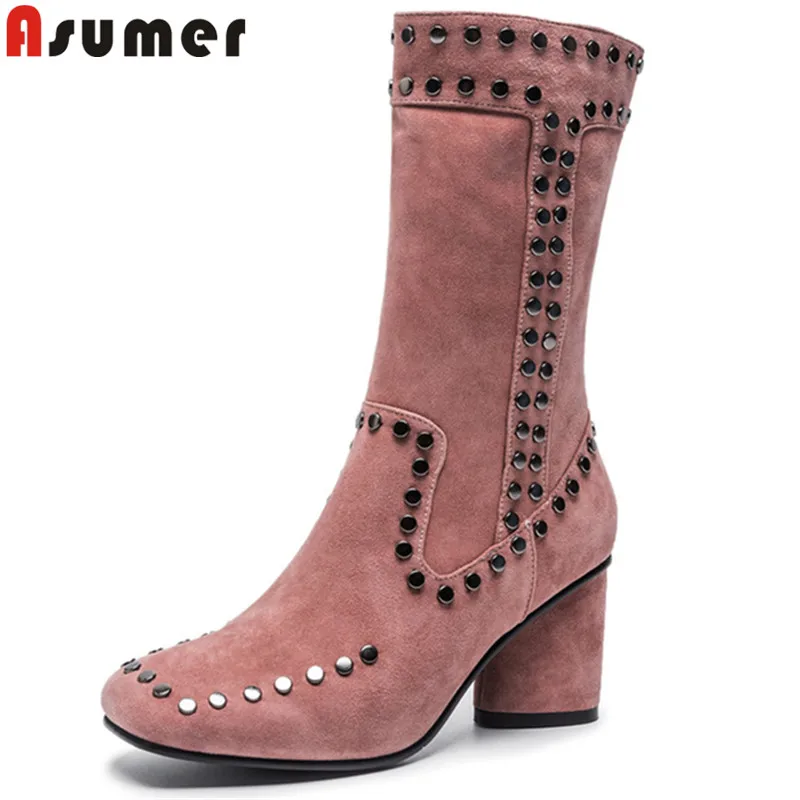 Beste ASUMER big size 34 43 hoge kwaliteit schapenvacht su egrave;de laarzen mid kalf laarzen vrouwen hoge hakken klinknagel herfst winter laarzen