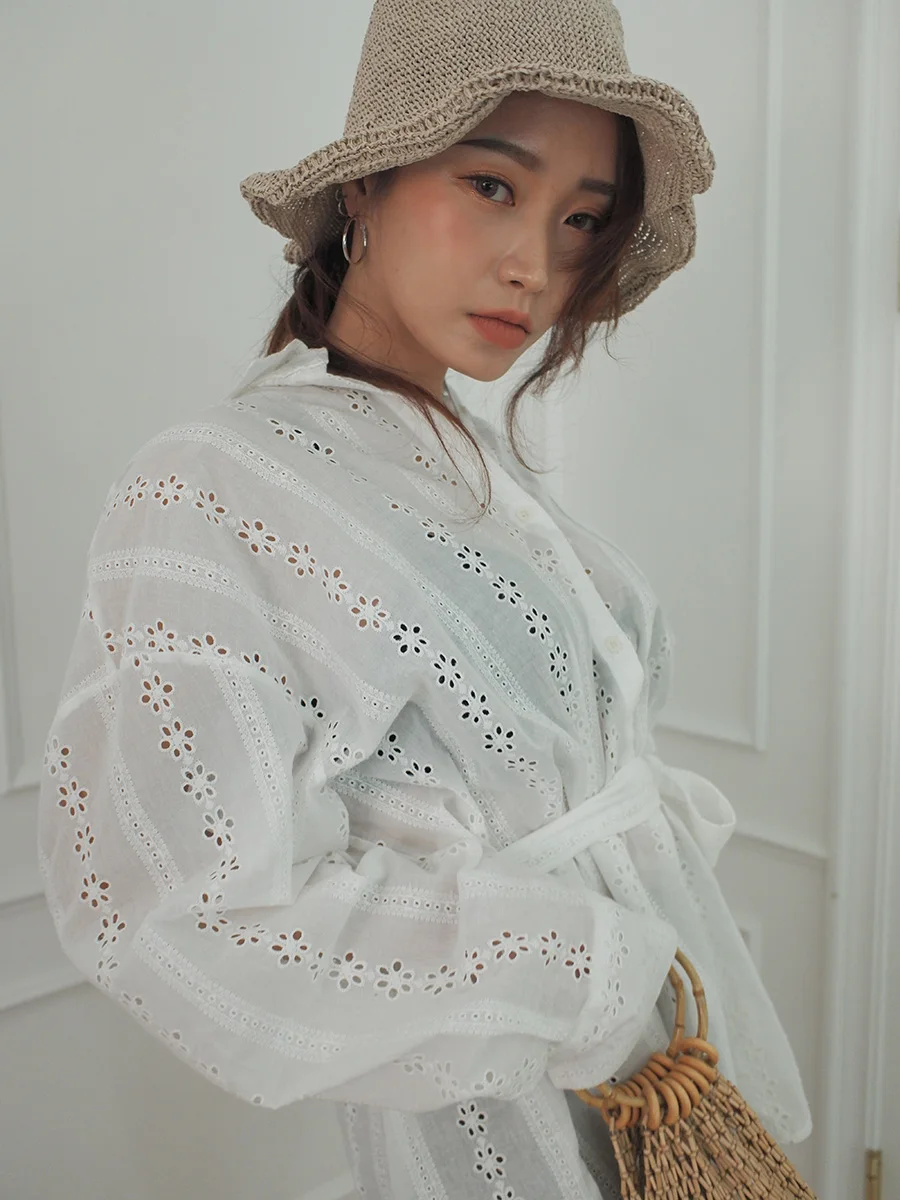 RUGOD Корейская белая Женская Длинная блузка, элегантная Свободная рубашка с длинным рукавом и поясом, повседневные летние топы, женская одежда