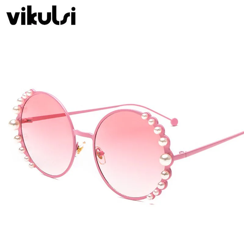 Luxury Beads Round Sunglasses Women Fashion Alloy Frame Brand Pearls Designer Sun Glasses For Female Brown Shades UV400 New