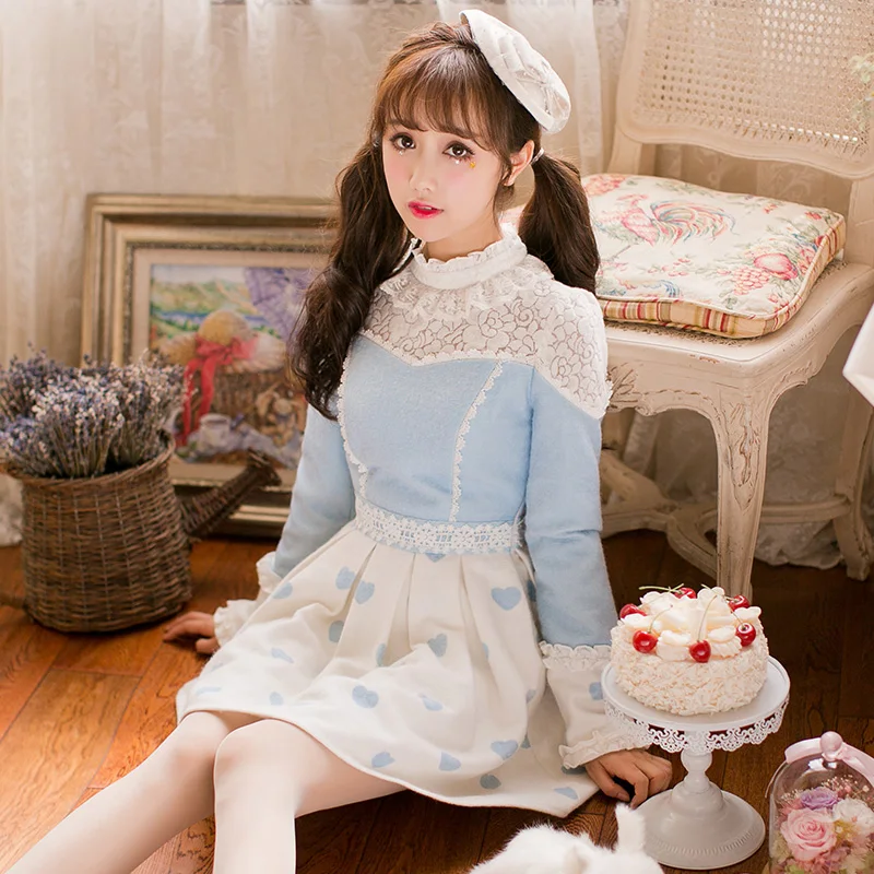 Princess sweet lolita blue fur dress Candy rain lace decoration A line ...