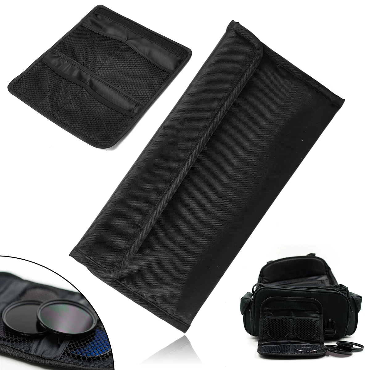 Mayitr 1pc 4 Pocket Camera DSLR Lens Filter Bag Protable Wallet Pouch