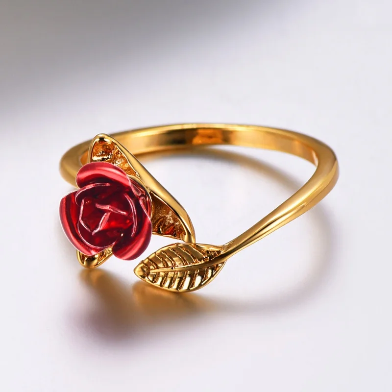 Party Favors Red Rose Garden Flower Leaves Resizable Finger Rings Women Valentine's Day Lover Wedding Decor Gift Jewelry Party