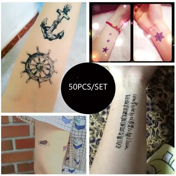 

50PCS/SET Waterproof Temporary Tattoo Sticker Arabic Tattoo Letters Horse Star Gun Wing Pattern Henna Sticker Fake Tattoo