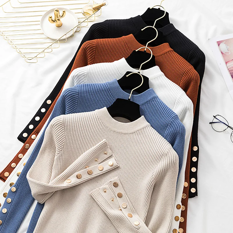 

Women Pullover Sweater 2019 Winter Clothes Women Ribbed O-Neck Buttoned Long Sleeve Solid Casual Slim Knit Top Ladies Sweaters