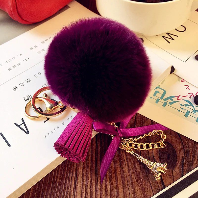 

Cute Fluffy Keychain Bag Pendant Car Rabbit Fur Pompom Keychain Eiffel Tower Key Ring Chain Leather Tassels Pom Pom Llaveros