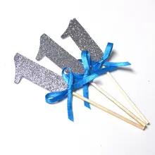 Первый с изображением пирожного на день рожденья топперы, блестящие серебряные с синим бантом на заказ номер Свадебные зубочистки для новобрачных, вечеринка в честь новорождённого вечерние украшения