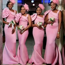 Платье подружки невесты в африканском стиле розового цвета с длинным плечом и цветами ручной работы; свадебное платье для гостей; вечерние платья
