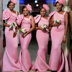 Африканский розовый платье подружки невесты в стиле русалки Длинные одно плечо Цветы ручной работы свадебное платье для гостей Vestidos Festa