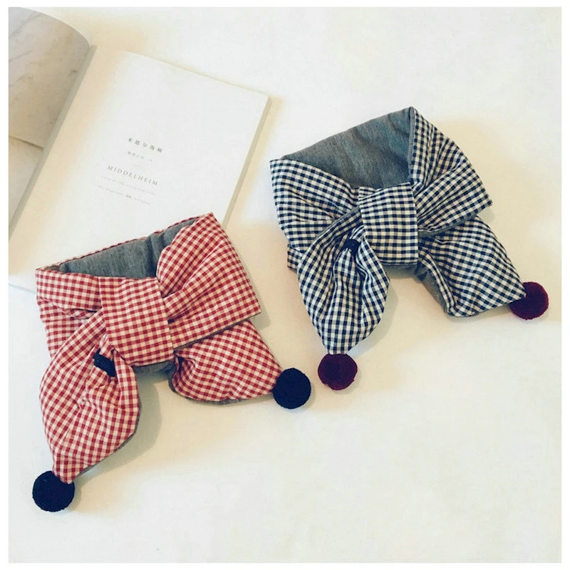 

MYUDI - Baby Cotton Pompom Scarfs Winter Autumn Plaid Children Boy Girl's adjustable Neckerchief Toddler Warm Scarf for Kids