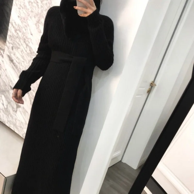 Winter Turtleneck Sweater Dresses Women Loose Thick Long Knitted Dress Long Sleeve Bottoming Dress
