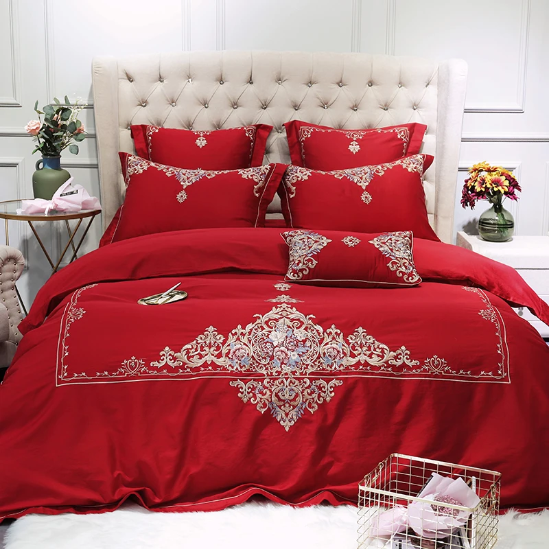 

Luxury Red 80S Egyptian Cotton Gold Royal Embroidery Wedding Bedding Set Queen King Size Duvet Cover Bed sheet/Linen Pillowcases