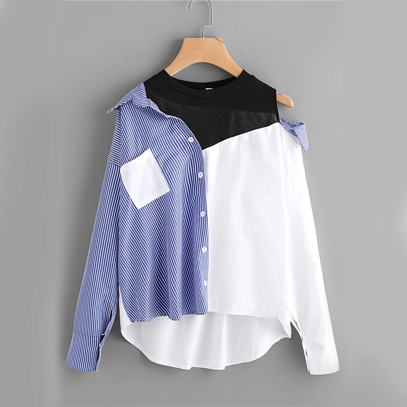

Fanco Contrast Patchwork Blouse Women Asymmetric Open Shoulder Sexy Tops Fall Fashion Striped Casual Dip Hem Shirt