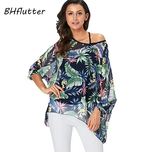 BHflutter 4XL 5XL 6XL размера плюс блузка женская шикарная Цветочная Печать шифон сексуальные блузки с открытыми плечами летние топы туника - Цвет: picture color