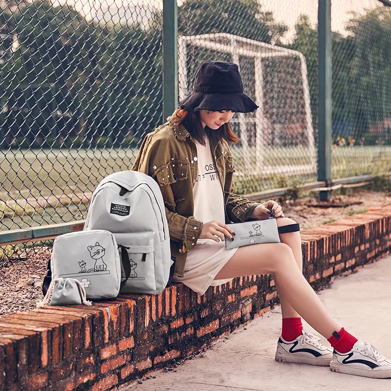 حقيبة مدرسية ل فتاة على ظهره 4 قطعة محفظة النايلون Bagpack Softback النساء على ظهره الأزياء Mochilas اجتماعيون الظهر Sac دوس 2017