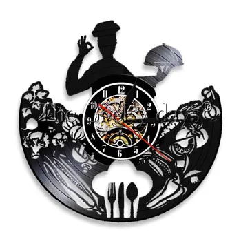 

1Piece Chef LED Lights Fork Knife Spoon Bakers Wall Art Foodie Wall Clock Vinyl Record LP Clock Decorative Hanging Watch