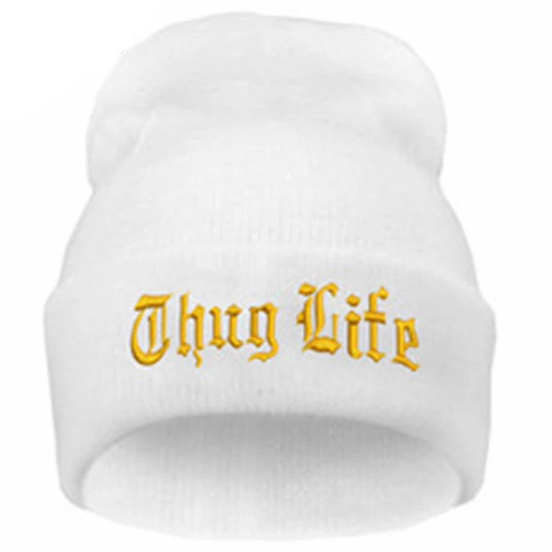 Черная шапка с надписью для мужчин THUG LIFE, шерстяные вязаные шапки, мужские и женские зимние шапочки с черепами, Женские повседневные Шапки, Шапки - Цвет: White Gold