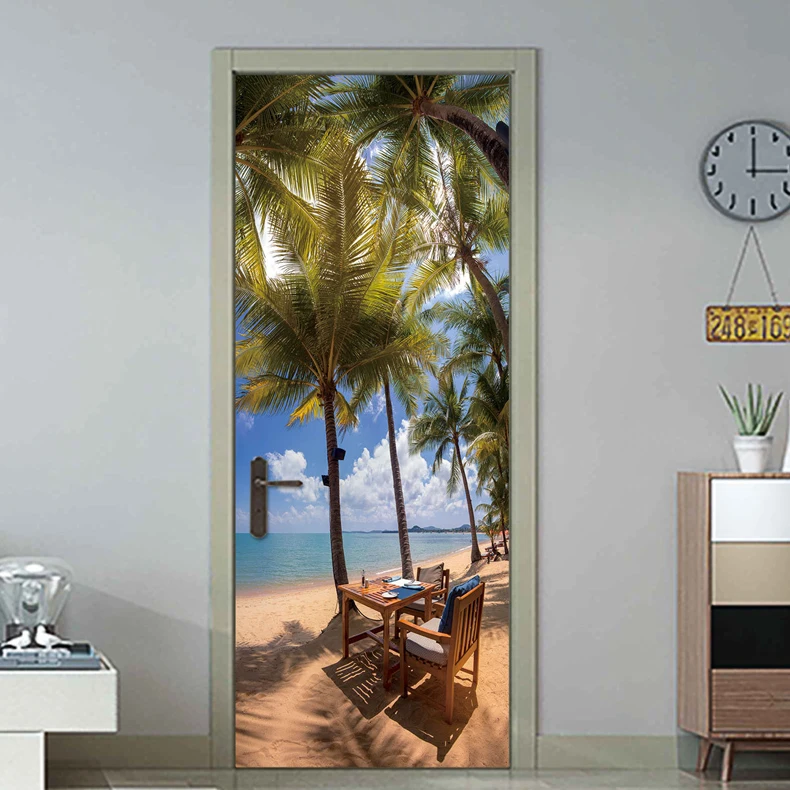 Красивый морской пляж Кокосовая пальма дверь стикер 3d Водонепроницаемый Ванная комната Deur наклейка пейзаж Adesivi в порте украшения W102