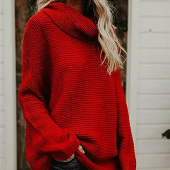 

Autumn and Winter Knitted Tops Sweaters Long Sleeves High Collar Sweaters Loose Casual Fashion Female Pullover Red Black Yellow