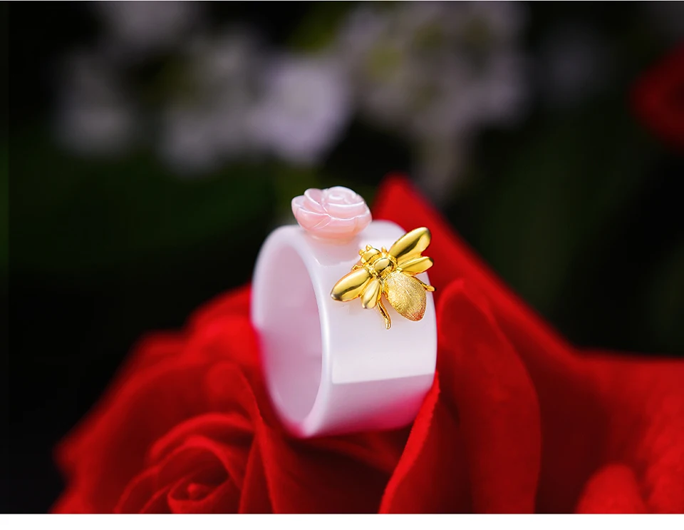 Lotus Fun Moment Настоящее стерлингового серебра 925 ювелирные изделия натуральный розовый оболочки розы кольцo пчелы керамика кольца для женские bijoux