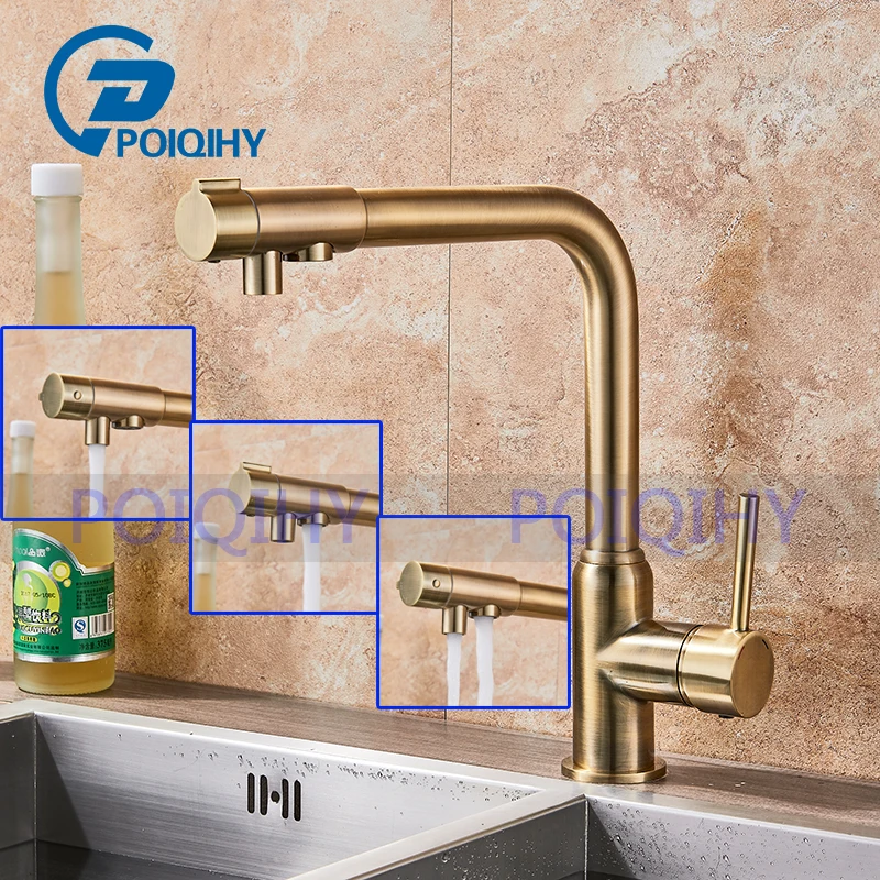 

POIQIHY Golden Poilshed kitchen sink Mixer faucet pure water model spout kitchen tap Dual Handles Vessel Sink Mixer Faucet