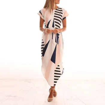 

Summer Dresses Women 2020 Vestidos Short Sleeve V Neck Printed Dress With Belt платье Party Dress femme dresses Women