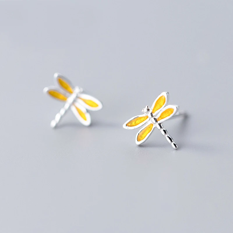 

MloveAcc 100% 925 Solid Real Sterling Silver Cute Yellow Dragonfly Stud Earring for Teen Girl Women Fine Silver Jewelry