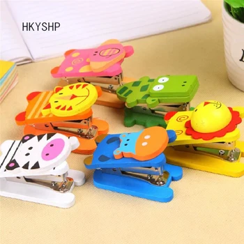 

HKYSHP Korea creative stationery cute cartoon Wooden painted stapler mini stapler school office supplies