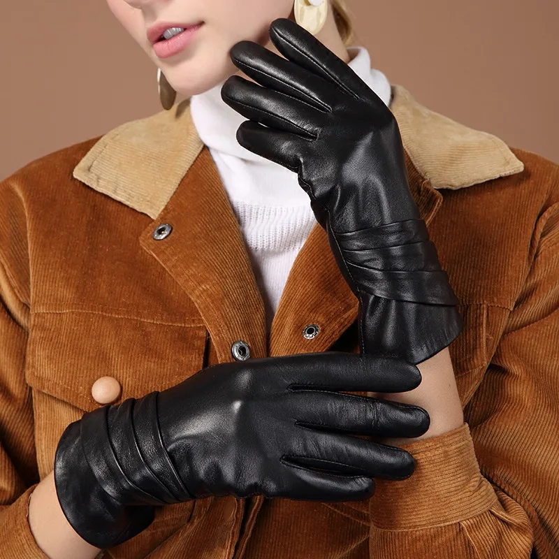 Women Winter Gloves Sheepskin Genuine Leather Driving Gloves Ladies Black Cold Gloves Winter