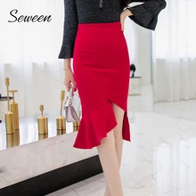 Корейский Асимметричный оборками Pencli юбка Для женщин тонкий офисные юбки Для женщин s Высокая Талия Тонкий 5XL плюс Размеры юбка женский