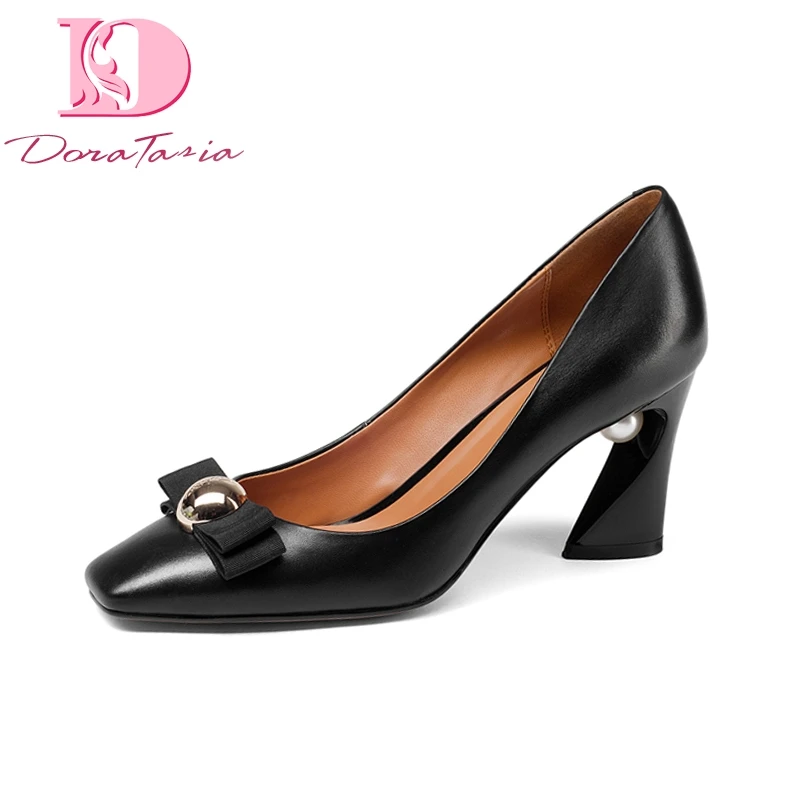 

Doratasia New women's Genuine Leather Square High Heels Metal Decoration Shoes Woman Fashion Spring Pumps Big Size 33-43