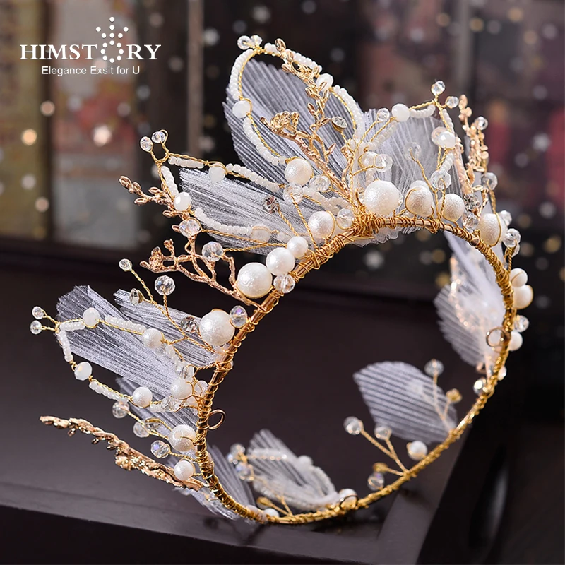

HIMSTORY Fashion Handmade Round Princess Crown Tiaras Beads Pearl Wedding Bridal Hair Accessories Jewelry