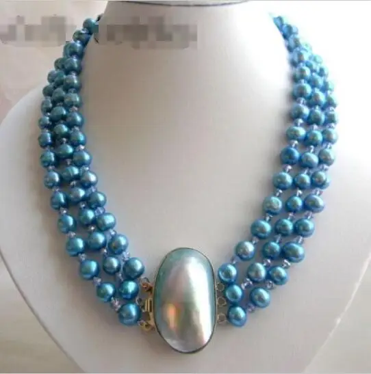 

Hot sale new Style >>>>>3Strands 18'' 9mm Blue Round Freshwater Pearl Faceted Crystal Necklace